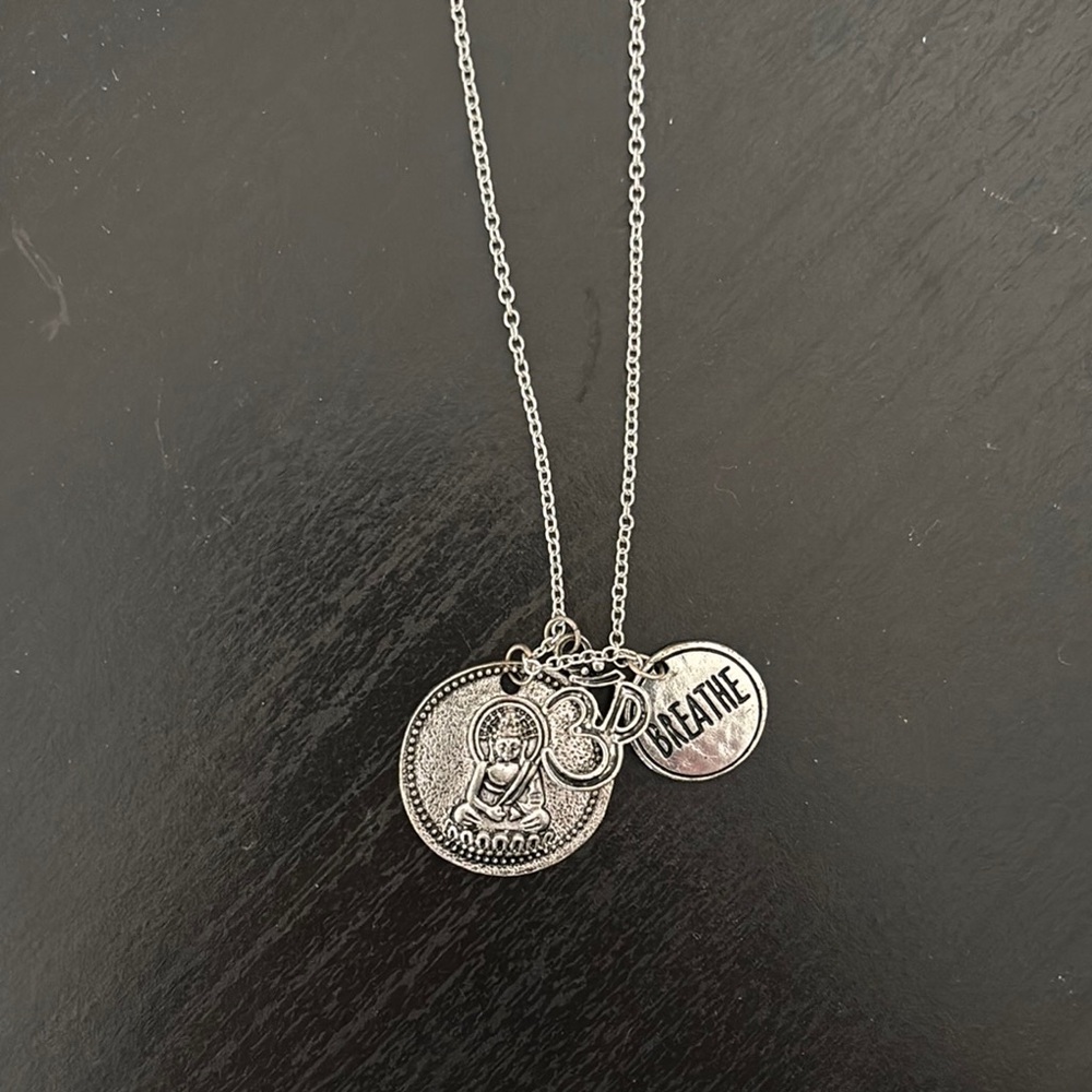 Silver Pendant Necklace with Buddha and Breathe Charms